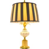 1980s reed table lamp brass base porcelain pumpkin palm leaves striped fabric lampshade Massive Belgium 1990s