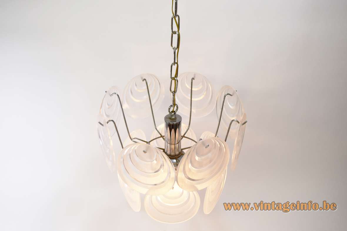 Aro Leuchte acrylic discs chandelier clear & frosted plastic Perspex lampshades chrome wire frame Vistosi 1970s Germany
