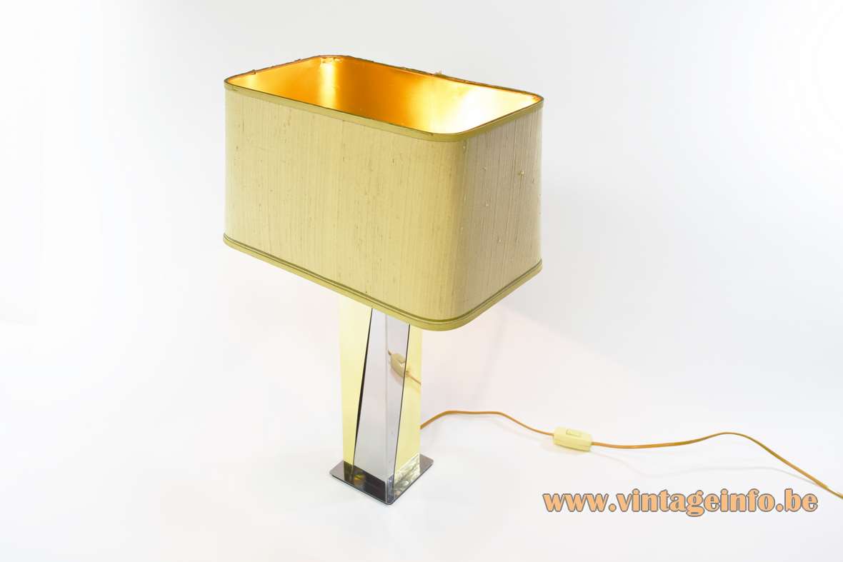 Brass and stainless steel table lamp square base sloping slats fabric lampshade Massive 1970s 1980s vintage