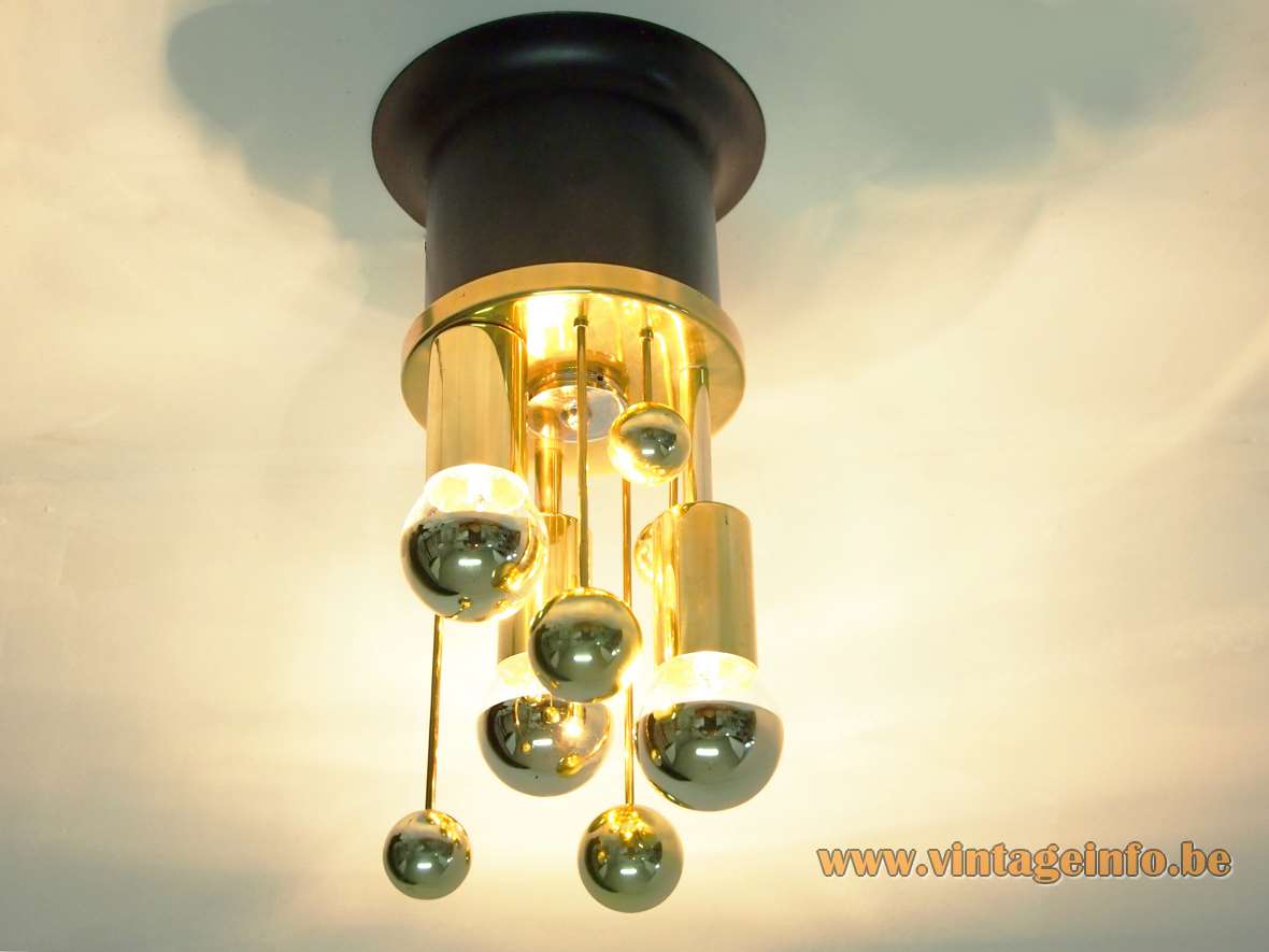 DORIA brass satellite flush mount space age sputnik lamp with globes & gold tipped bulbs 1960s 1970s