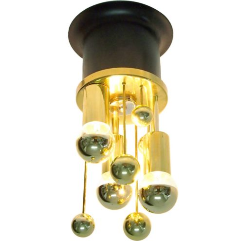 DORIA brass satellite flush mount space age sputnik lamp with globes & gold tipped bulbs 1960s 1970s