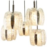 DORIA cascading pendant chandelier 5 hand-blown clear curved embossed glass lampshades chrome slats 1970s Germany