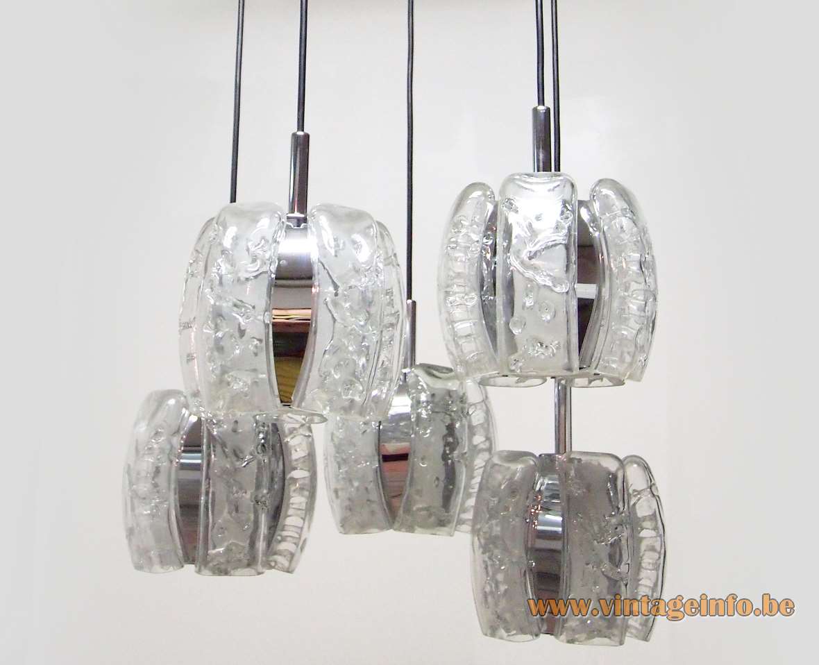 DORIA cascading pendant chandelier 5 hand blown clear curved embossed glass lampshades chrome slats 1970s Germany
