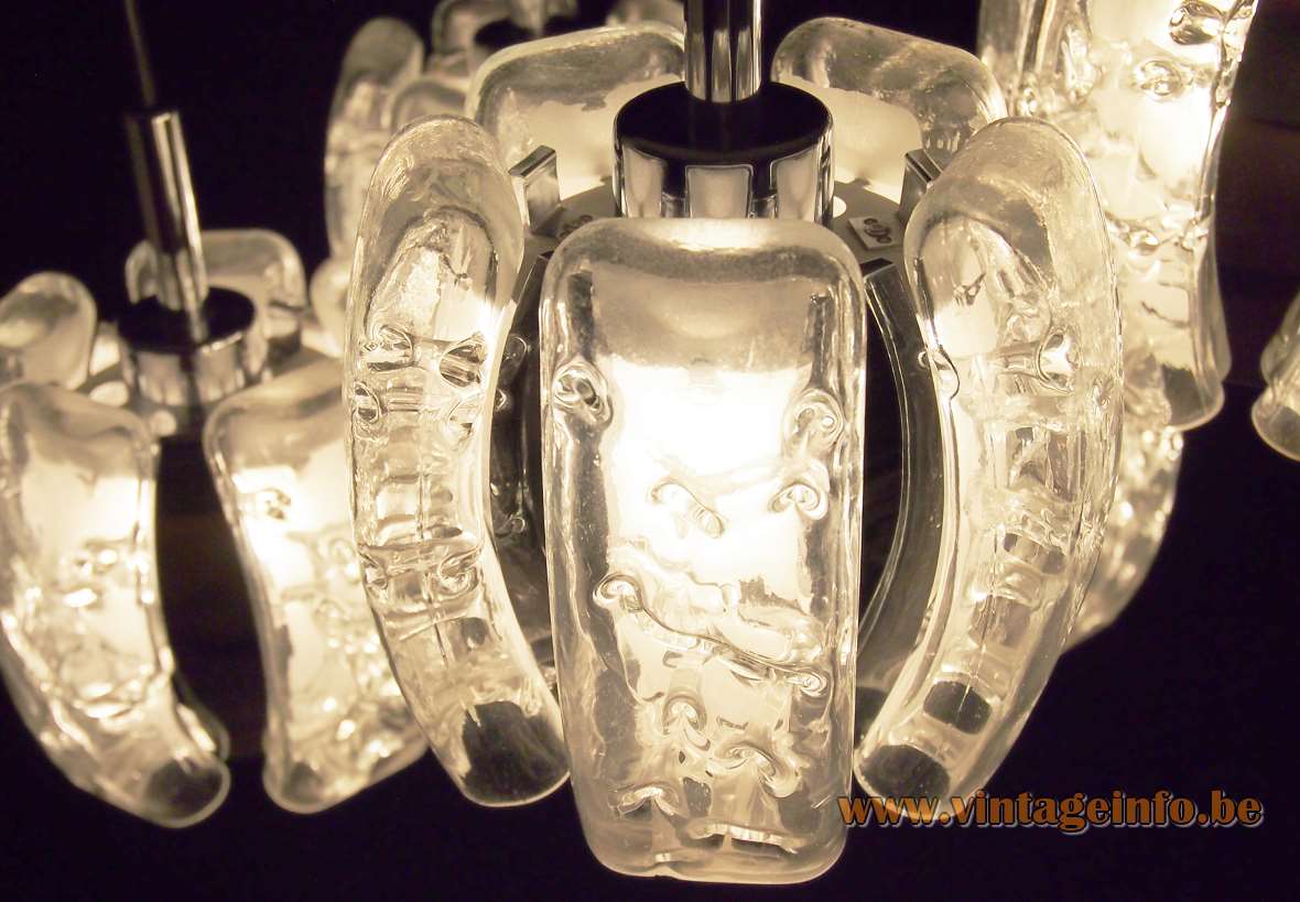 DORIA cascading pendant chandelier hand blown clear curved embossed ice glass lampshade part 1970s Germany