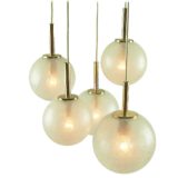 DORIA glass globes cascading pendant chandelier 5 crackle lampshades brass rods Germany E14 lamp sockets 1970s
