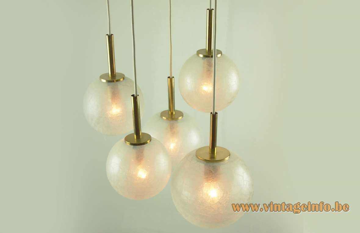 DORIA glass globes cascading pendant chandelier 5 crackle lampshades brass rods Germany E14 lamp sockets 1970s