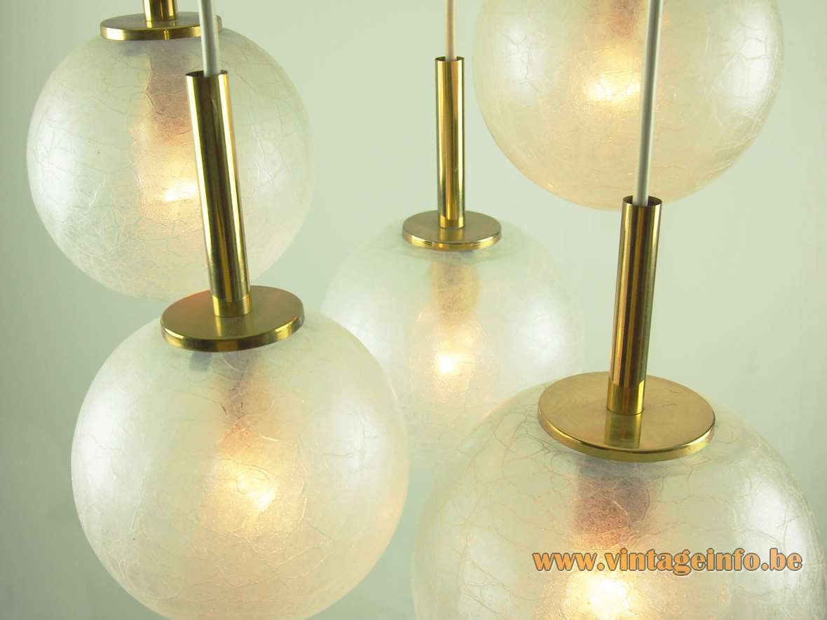 DORIA glass globes cascading pendant chandelier 5 crackle lampshades brass rods Germany E14 lamp sockets 1970s