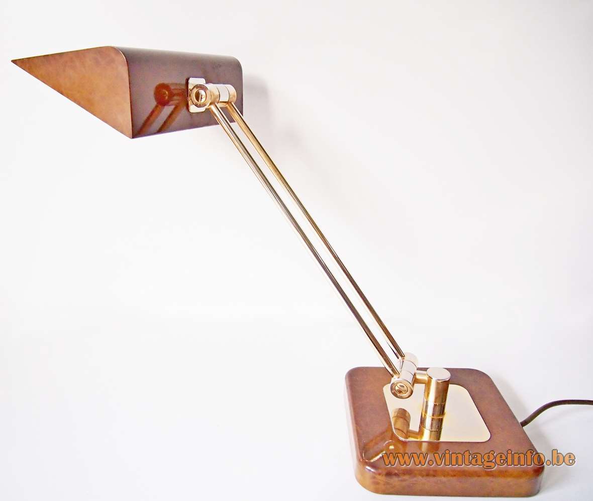 Hillebrand desk lamp 7450 brown Chinese lacquer 2 brass adjustable rods triangular lampshade Germany 1970s 1980s