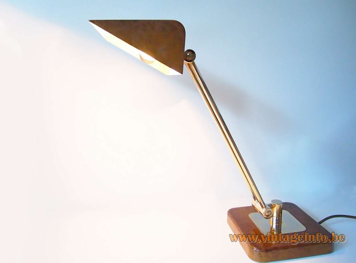 Hillebrand desk lamp 7450 brown Chinese lacquer 2 brass adjustable rods triangular lampshade Germany 1970s 1980s
