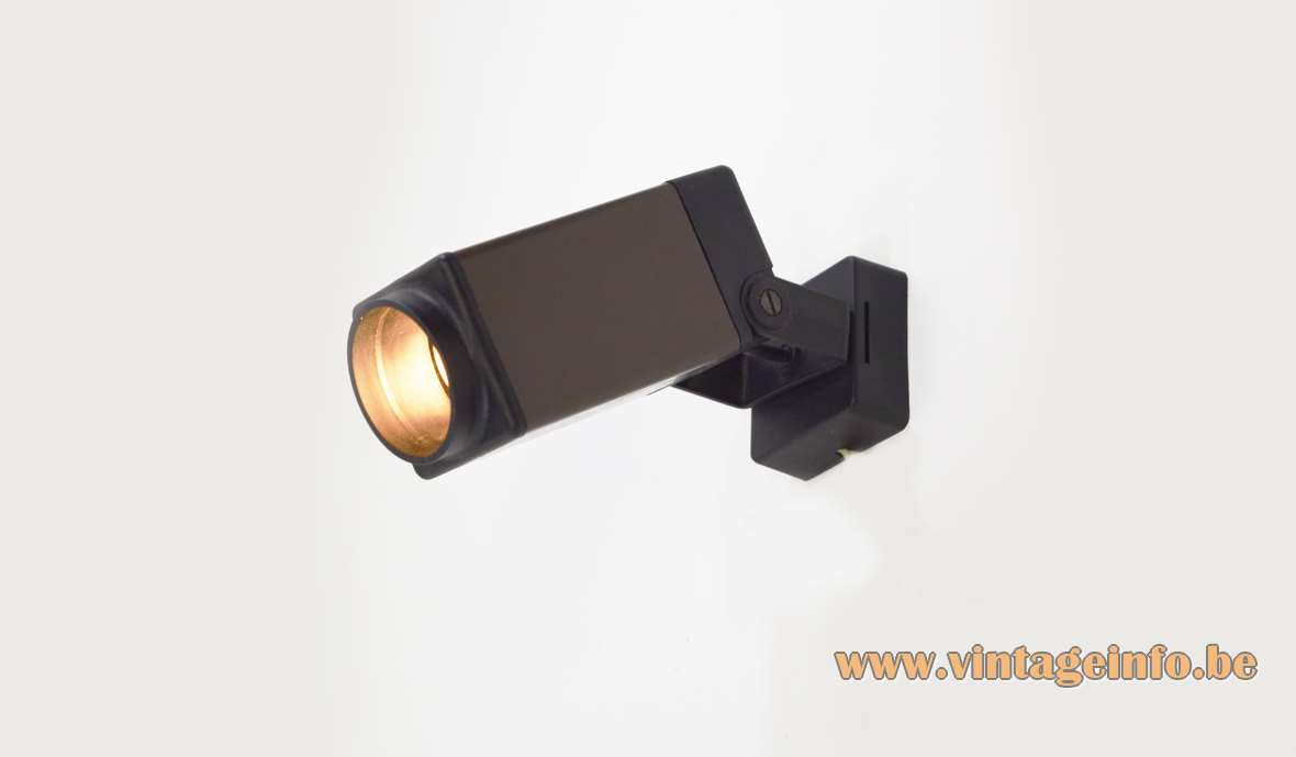 1970s Philips wall spotlight square rectangular metallic brown tube lampshade black plastic E14 lamp socket vintage