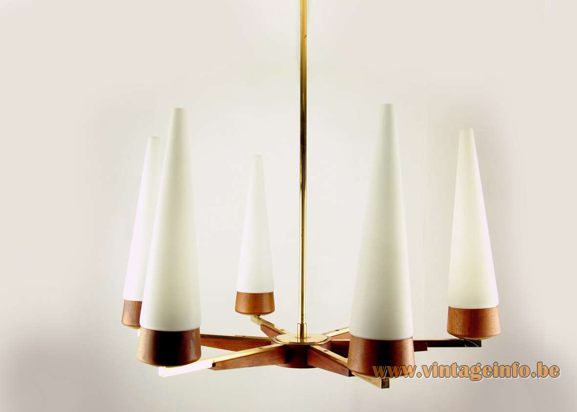 Rupert Nikoll chandelier 6 long conical opal glass lampshades rosewood and brass rods 1950s 1960s vintage