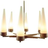 Rupert Nikoll chandelier 6 long conical opal glass lampshades rosewood and brass rods 1950s 1960s vintage