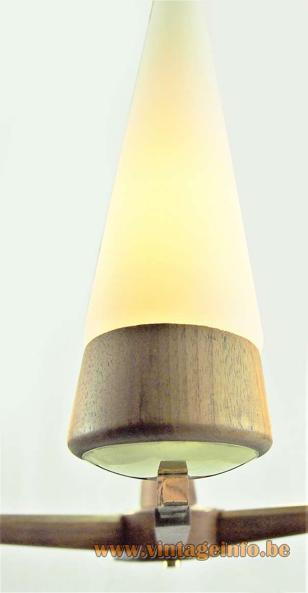 Rupert Nikoll chandelier 6 long conical opal glass lampshades rosewood and brass rods 1950s 1960s vintage