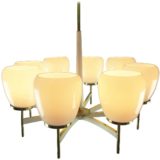 Sciolari opal chalices chandelier 8 white glass lampshades brass rods design Gaetano Sciolari 1960s 1970s Italy