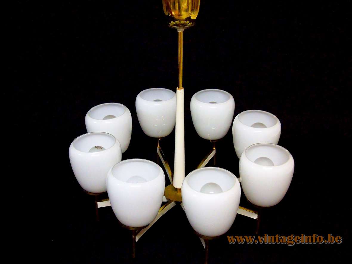 Sciolari opal chalices chandelier 8 white glass lampshades brass rods design Gaetano Sciolari 1960s 1970s Italy