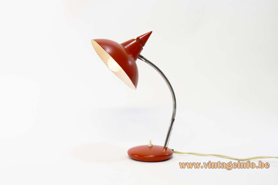 1960s witch hat desk lamp round red base chrome gooseneck pointed lampshade Massive Belgium 1970s Prova
