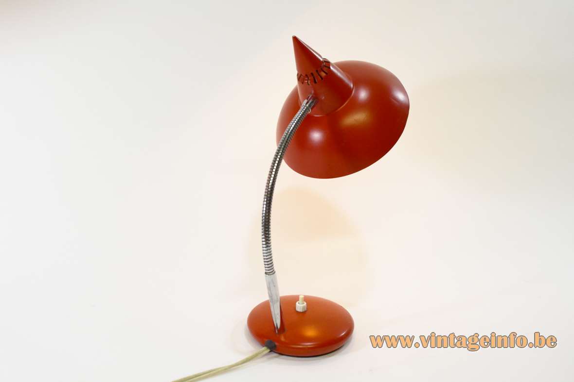 1960s witch hat desk lamp round red base chrome gooseneck pointed lampshade Massive Belgium 1970s Prova