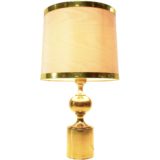 1970s brass table lamp plated metal round base & globe conical fabric lampshade Massive 1980s Philippe Barbier