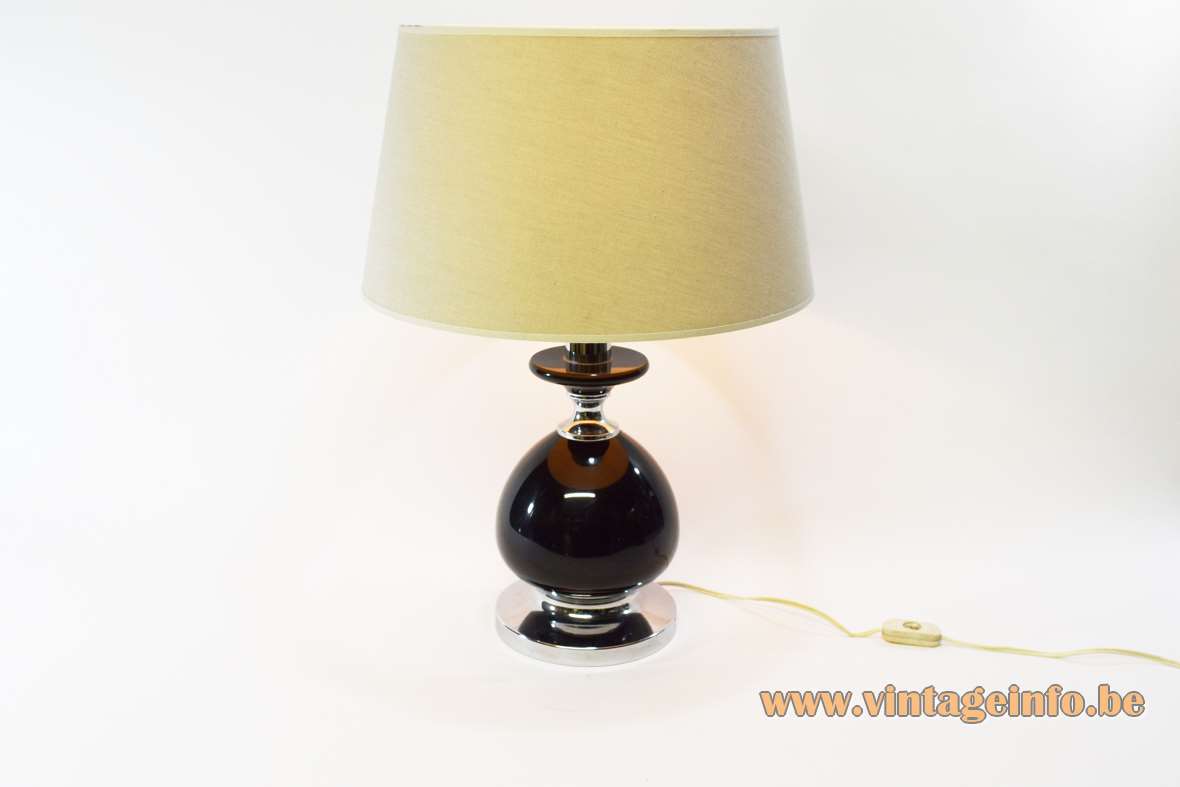1970s Massive table lamp round chrome base black resin globe conical white fabric lampshade Belgium 