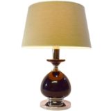 1970s Massive table lamp round chrome base black resin globe conical white fabric lampshade Belgium