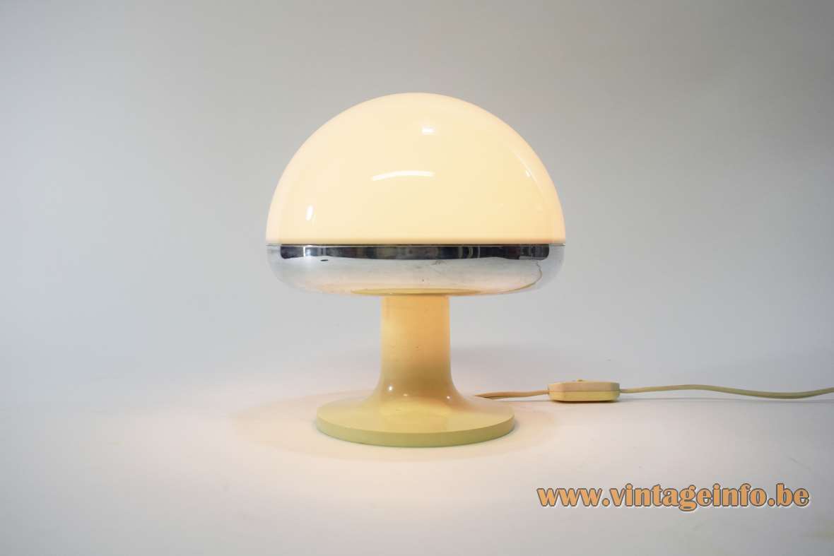 1970s mushroom table lamp white acrylic lampshade chrome rim round base Harvey Guzzini Italy iGuzzini vintage