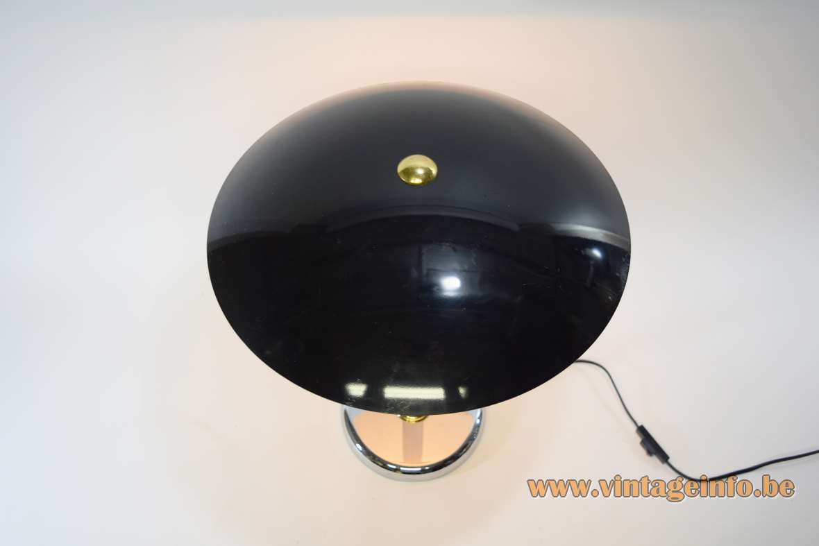 1980s Bauhaus style table lamp Swann chrome round base & rod black mushroom lampshade Massive Belgium