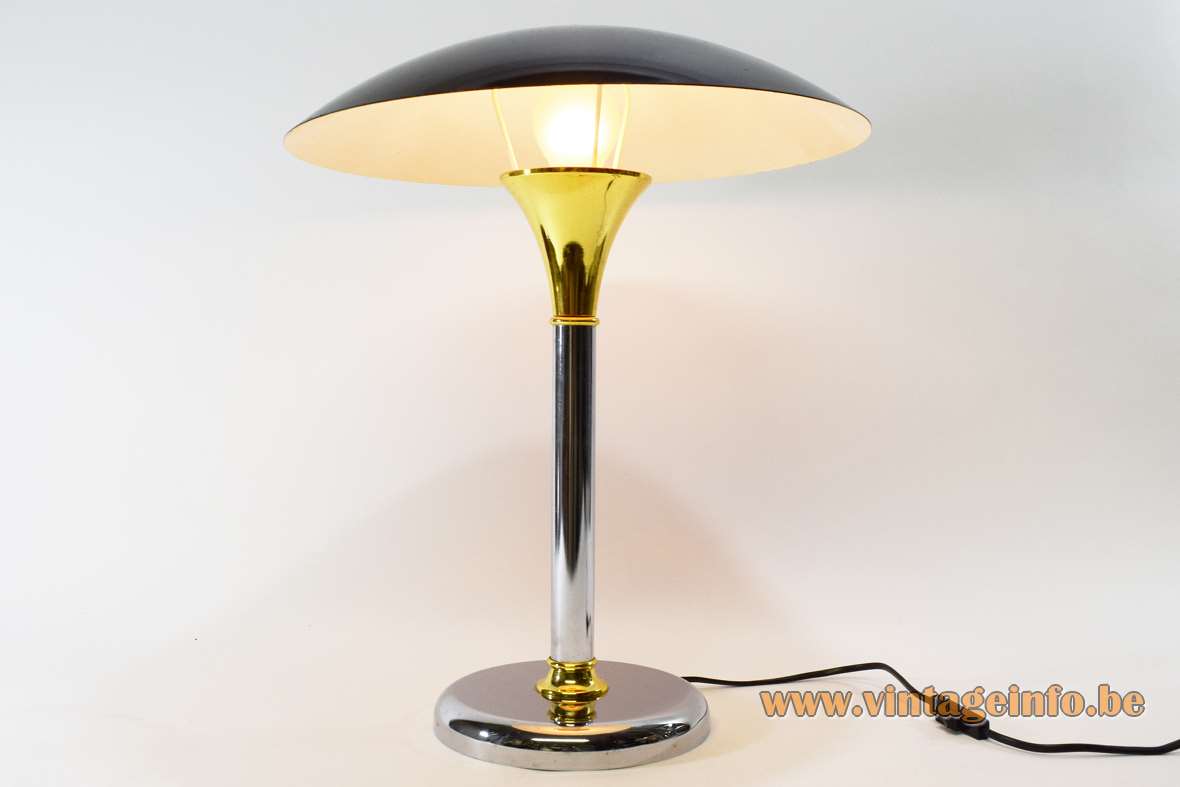 1980s Bauhaus style table lamp Swann chrome round base & rod black mushroom lampshade Massive Belgium