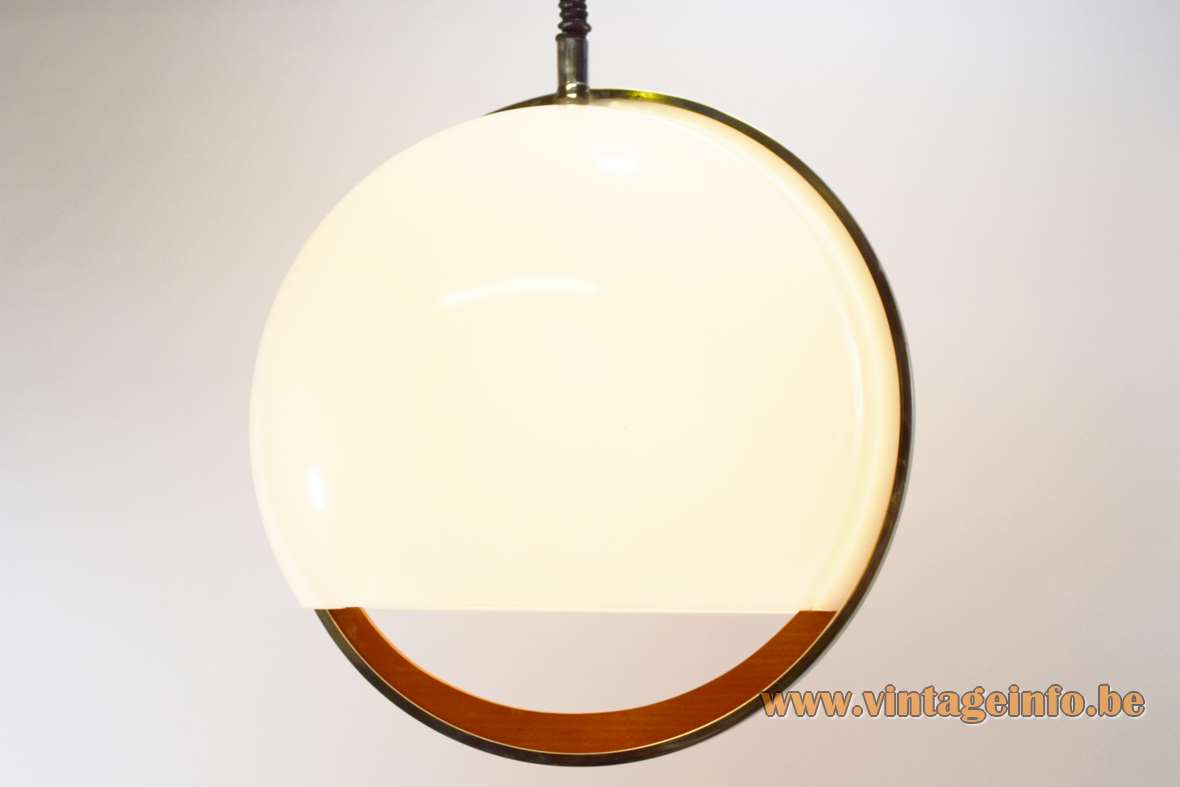 Acrylic rise & fall globe pendant lamp 2 white plastic shells lampshade wood & chrome ring 1960s 1970s