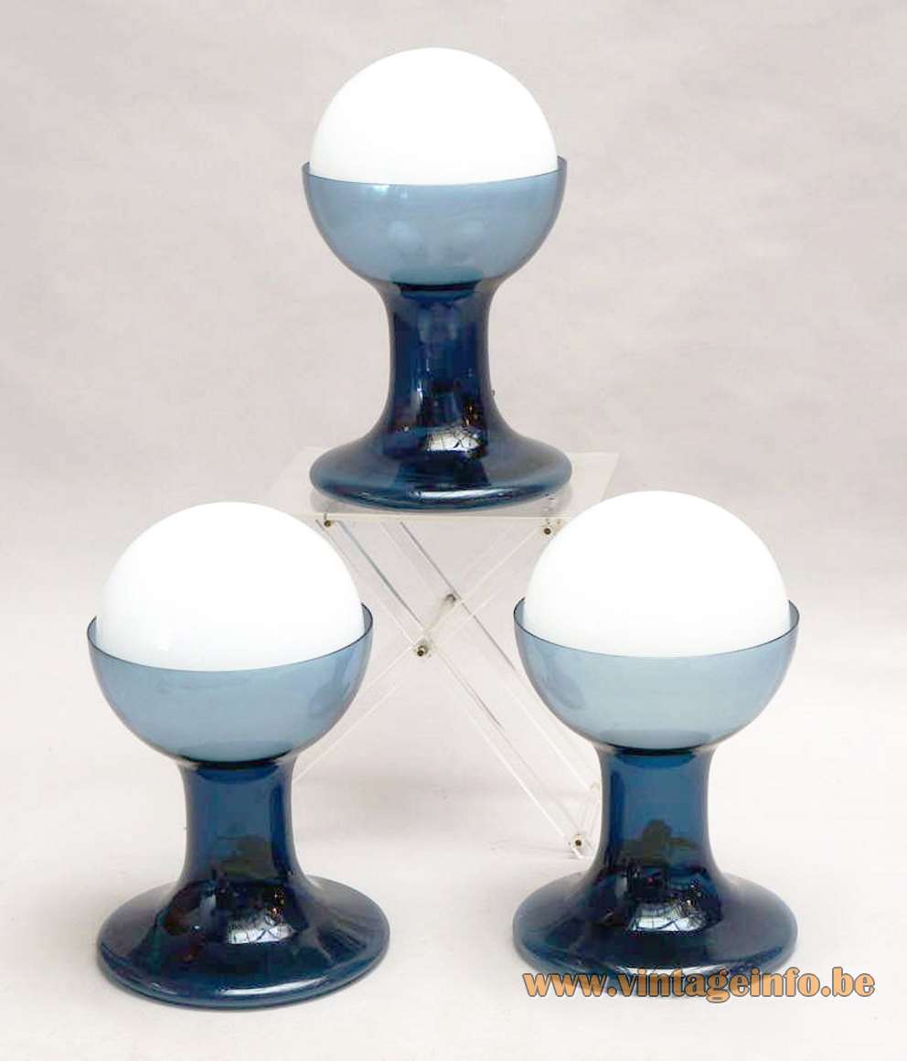 Carlo Nason LT216 table lamps flattend blue Murano glass base opal globe lampshade Mazzega Italy 1960s 1970s