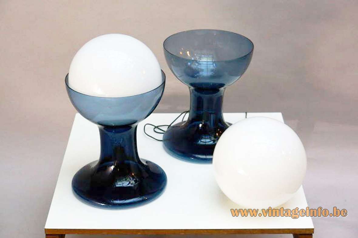 Carlo Nason LT216 table lamps flattend blue Murano glass base opal globe lampshade Mazzega Italy 1960s 1970s