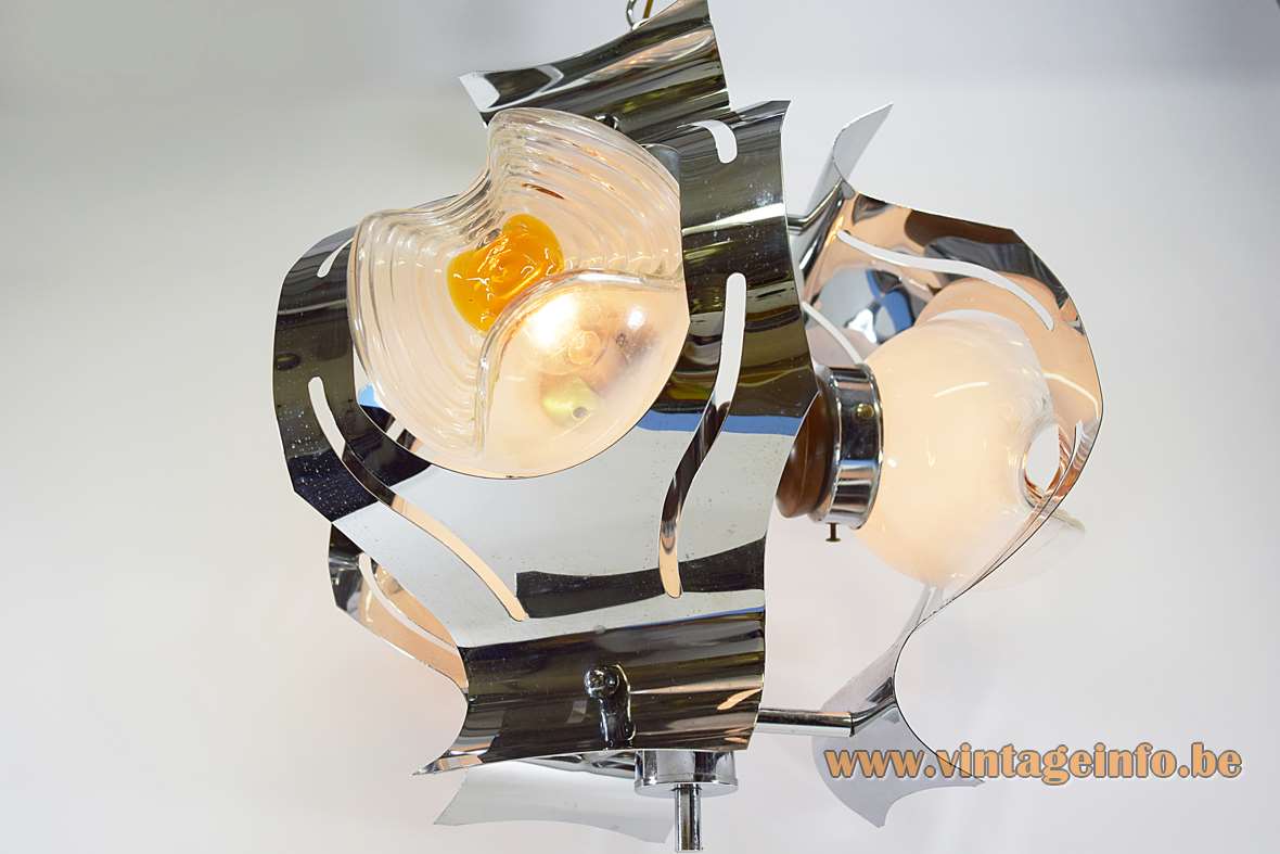 Chrome and glass globes chandelier folded slats 3 milky orange spheres 1960s 1970s AV Mazzega Murano