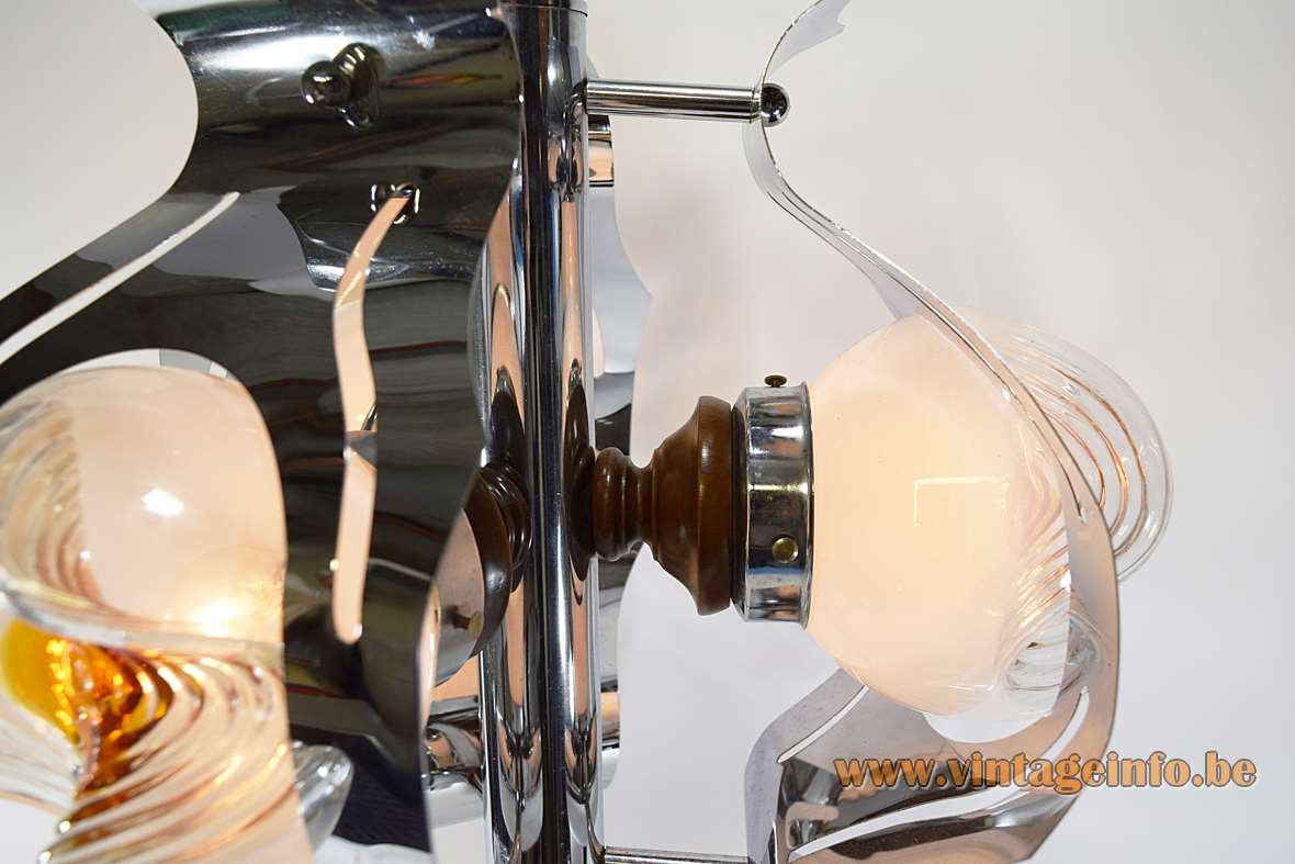 Chrome and glass globes chandelier folded slats 3 milky orange spheres 1960s 1970s AV Mazzega Murano