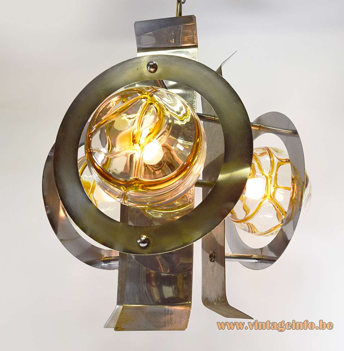 Chrome and amber veined glass chandelier with 3 DORIA globes and metal slats chain 1960s 1970s 