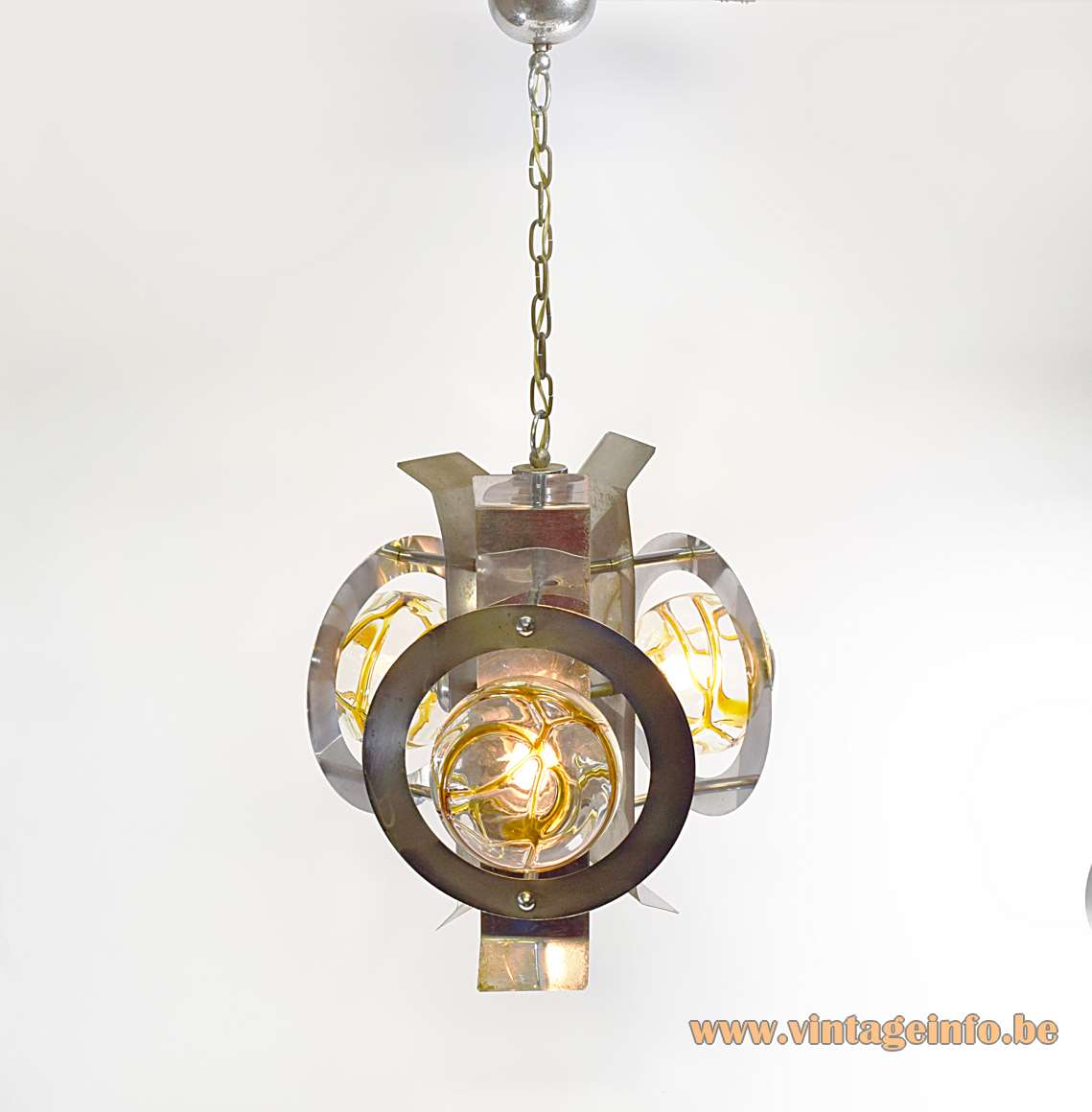 Chrome and amber veined glass chandelier with 3 DORIA globes and metal slats chain 1960s 1970s 
