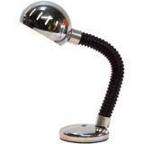 Chrome gooseneck desk lamp round base black rubber flexible globe lampshade elongated slots 1970s Massive Belgium