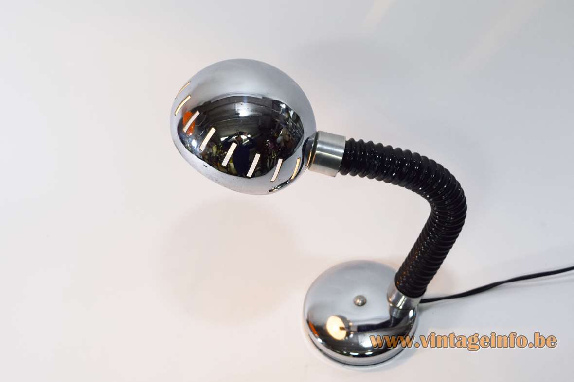 Chrome gooseneck desk lamp round base black rubber flexible globe lampshade elongated slots 1970s Massive Belgium 
