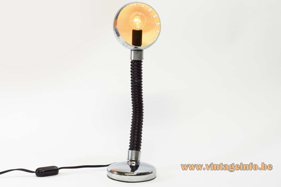 Chrome gooseneck desk lamp round base black rubber flexible globe lampshade elongated slots 1970s Massive Belgium 