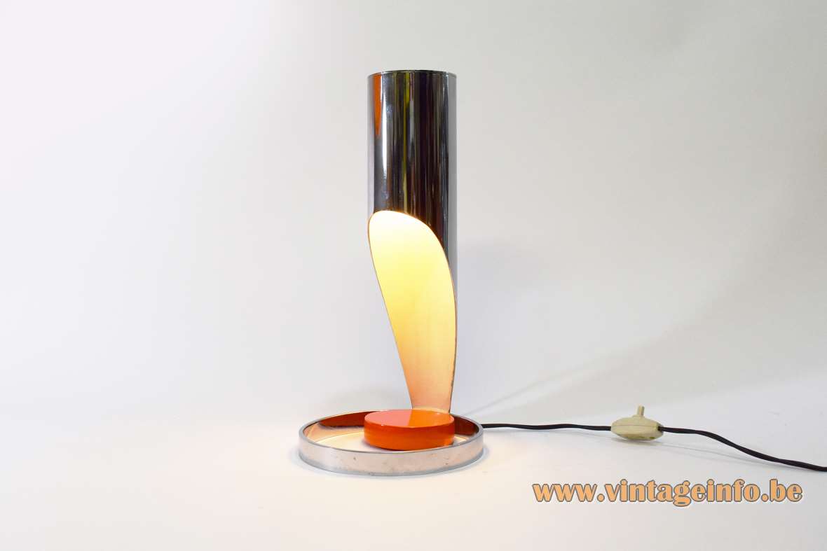 Esperia chrome tube table lamp design: Angelo Brotto orange wood disc chrome cylinder lampshade 1960s Italy