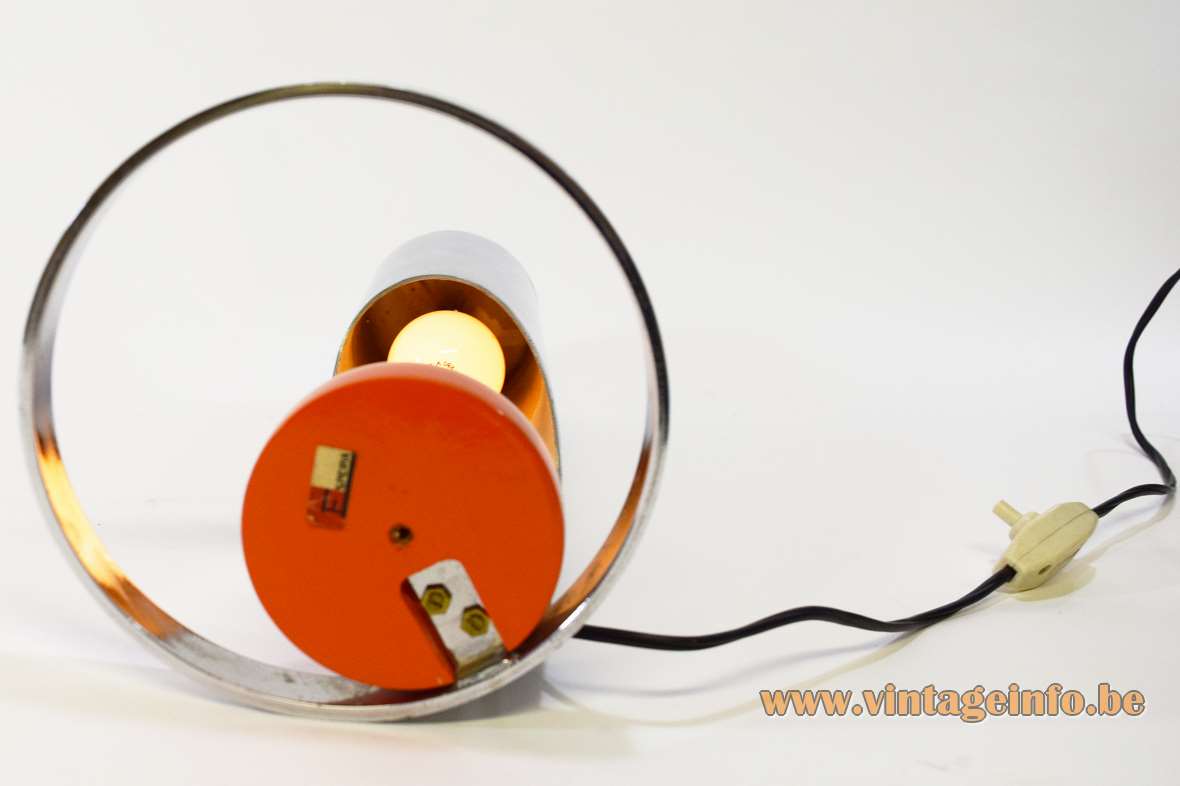 Esperia chrome tube table lamp design: Angelo Brotto orange wood disc chrome cylinder lampshade 1960s Italy