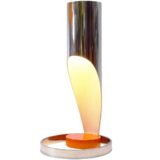 Esperia chrome tube table lamp design: Angelo Brotto orange wood disc chrome cylinder lampshade 1960s Italy