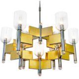 Gaetano Sciolari Domino chandelier 1970s design brass slats chrome tubes 9 clear glass chalices lampshades 1980s