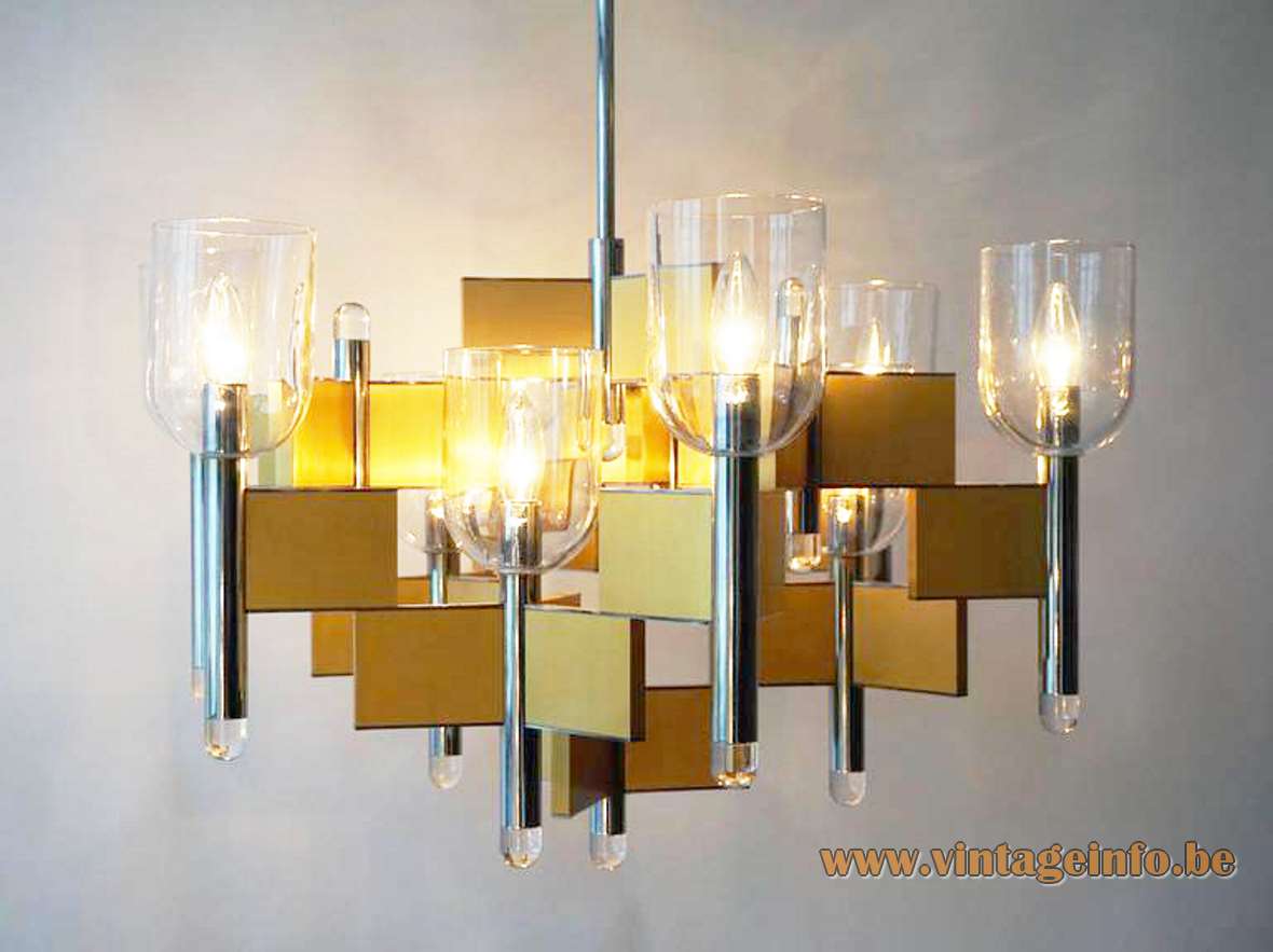Gaetano Sciolari Domino chandelier 1970s design brass slats chrome tubes 9 clear glass chalices lampshades 1980s