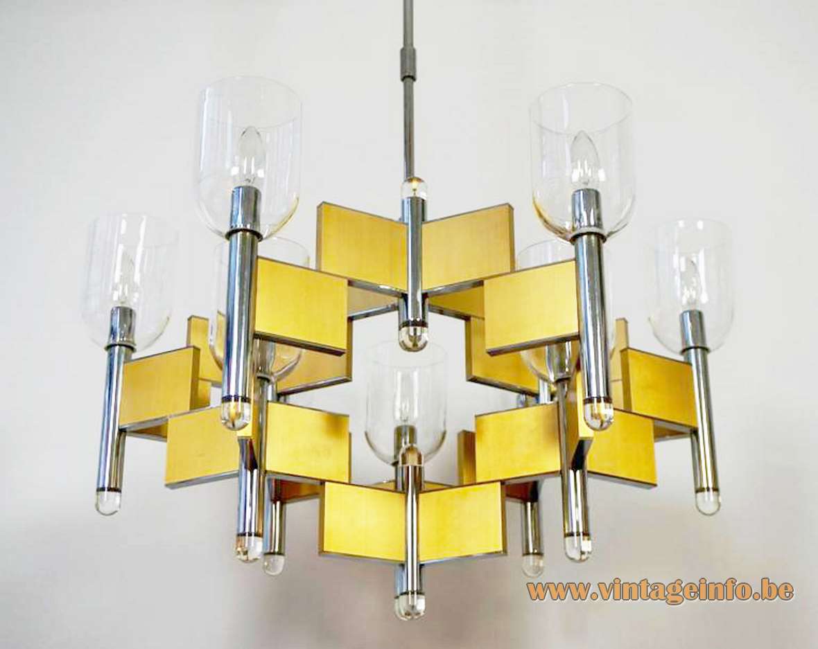 Gaetano Sciolari Domino chandelier 1970s design brass slats chrome tubes 9 clear glass chalices lampshades 1980s