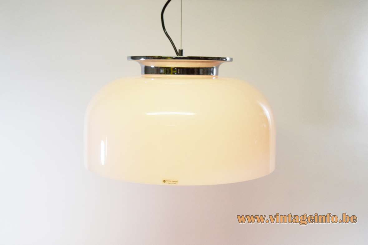 Harvey Guzzini Clear pendant lamp design: Luigi Massoni round white acrylic lampshade chrome ring 1960s 1970s Italy