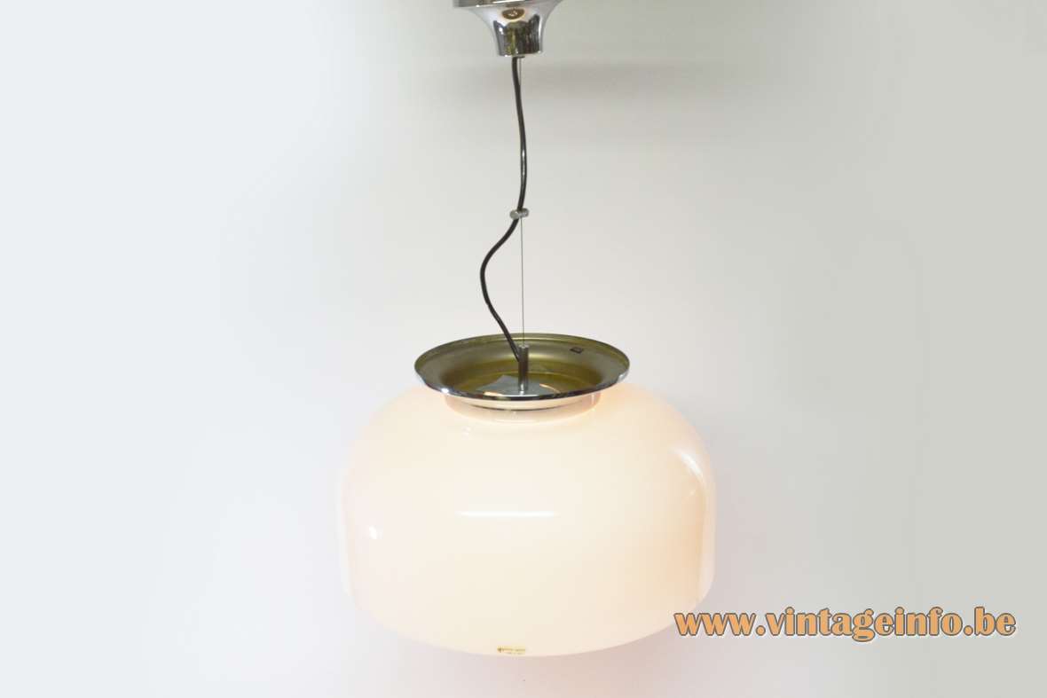 Harvey Guzzini Clear pendant lamp design: Luigi Massoni round white acrylic lampshade chrome ring 1960s 1970s Italy