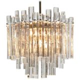 Kinkeldey ice glass chandelier round lampshade chrome frame 46 crystal glass rods 1970s Germany E27 sockets