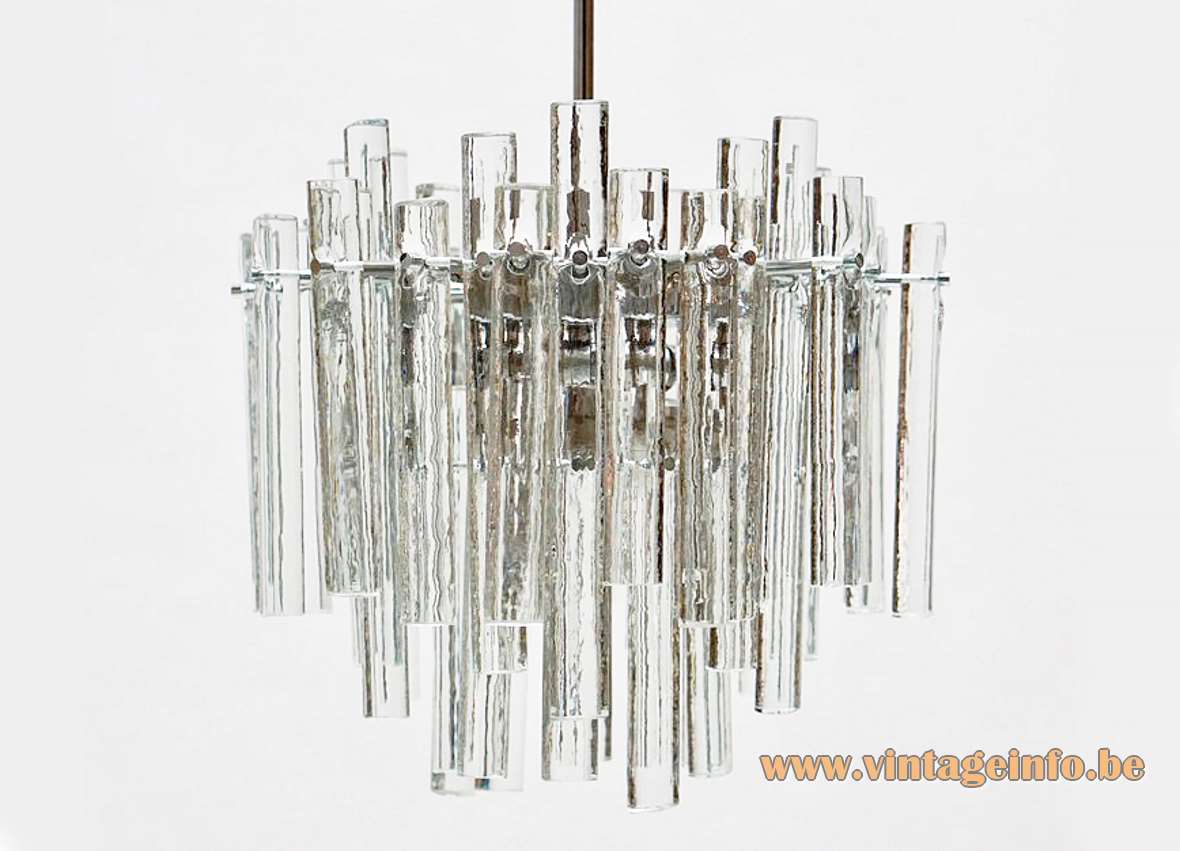 Kinkeldey ice glass chandelier round lampshade chrome frame 46 crystal glass rods 1970s Germany E27 sockets