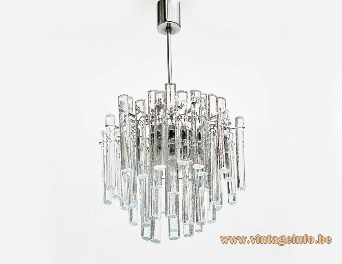 Kinkeldey ice glass chandelier round lampshade chrome frame 46 crystal glass rods 1970s Germany E27 sockets