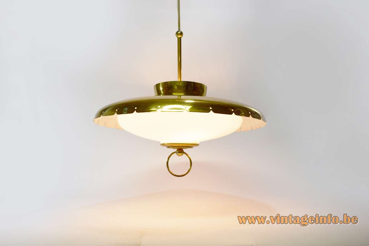 Lehigh 1960s brass chandelier round metal lampshade white opal glass diffuser brass ring 1950s USA MCM