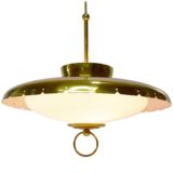 Lehigh 1960s brass chandelier round metal lampshade white opal glass diffuser brass ring 1950s USA MCM